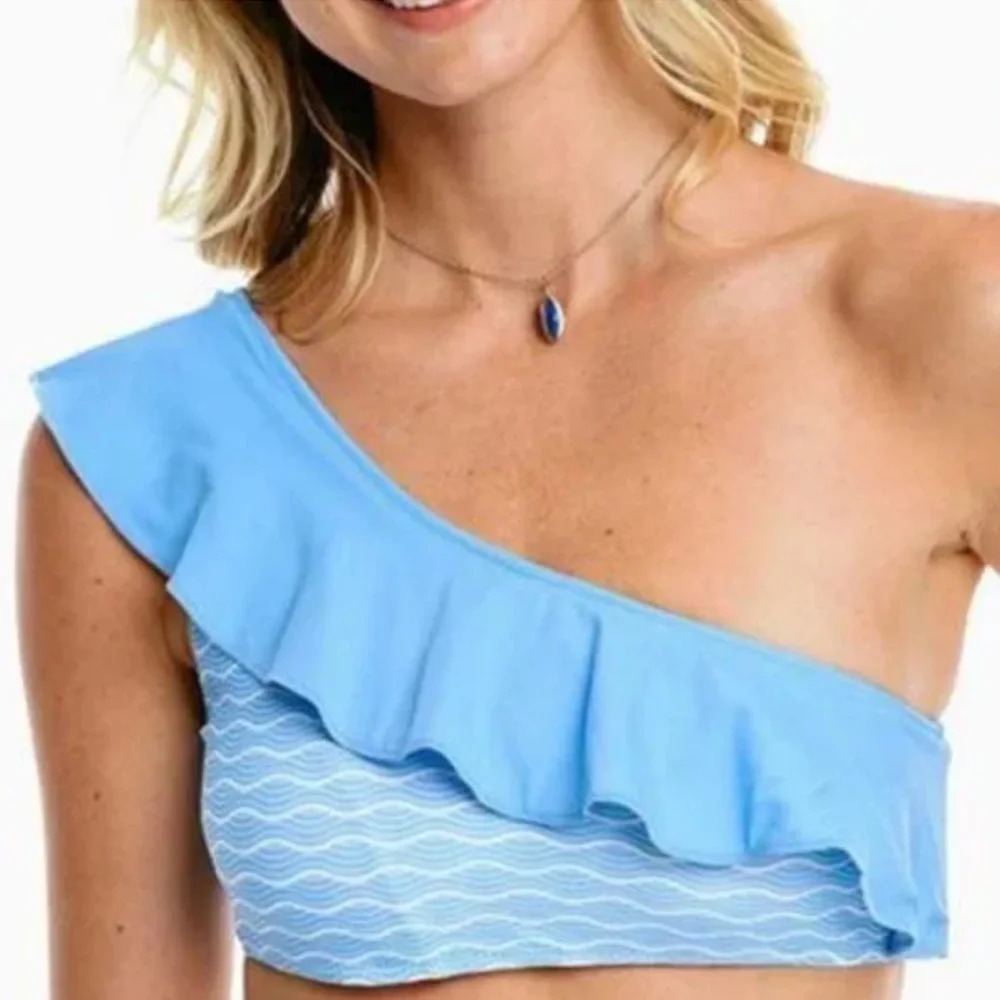 NWT Southern Tide Medium Blue Ocean Channel Asymmetrical Ruffleβ Bikini Top Swim